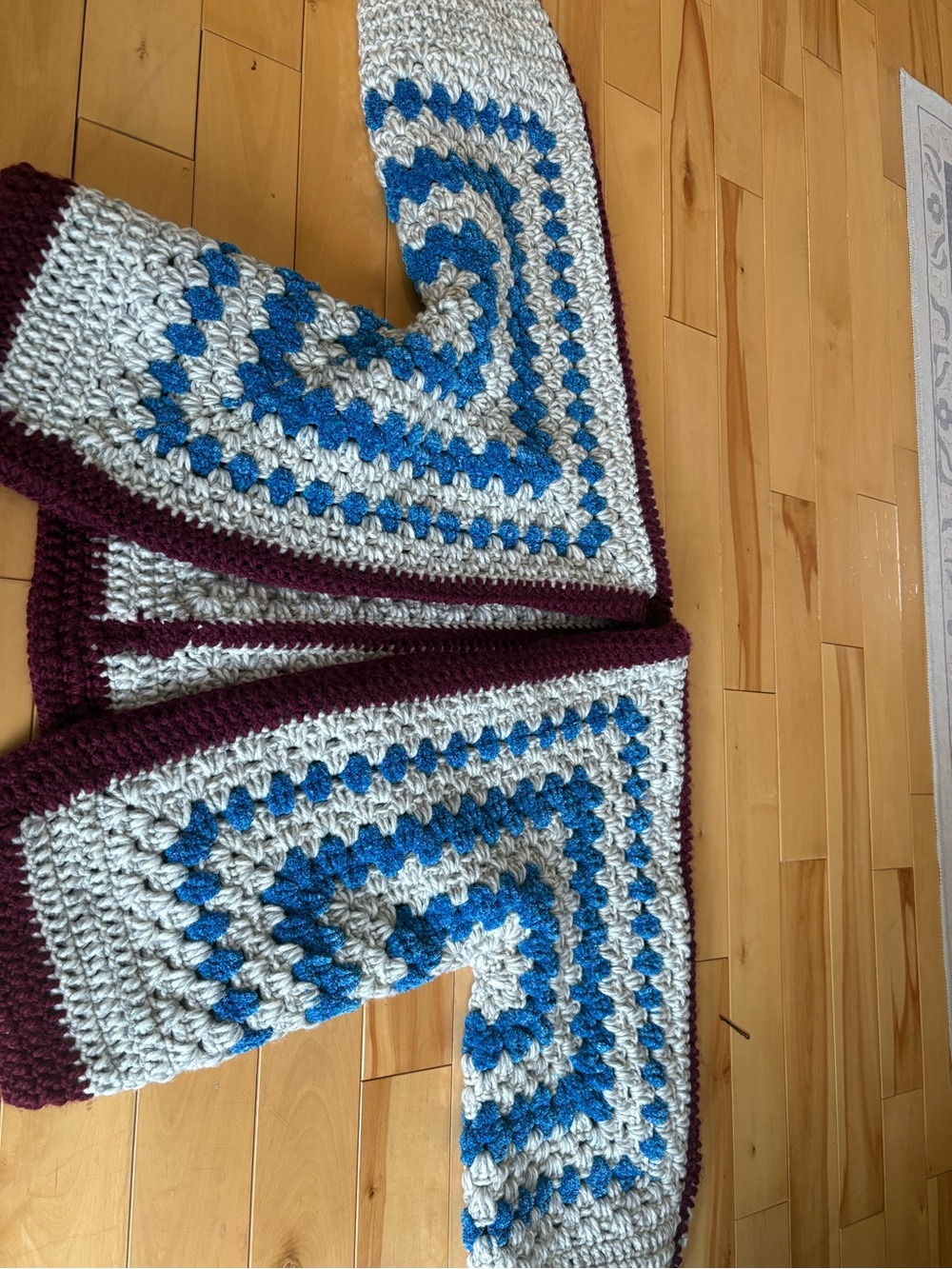 Colorblock Crochet Poncho Shrug in Blue, Gray & Burgundy
